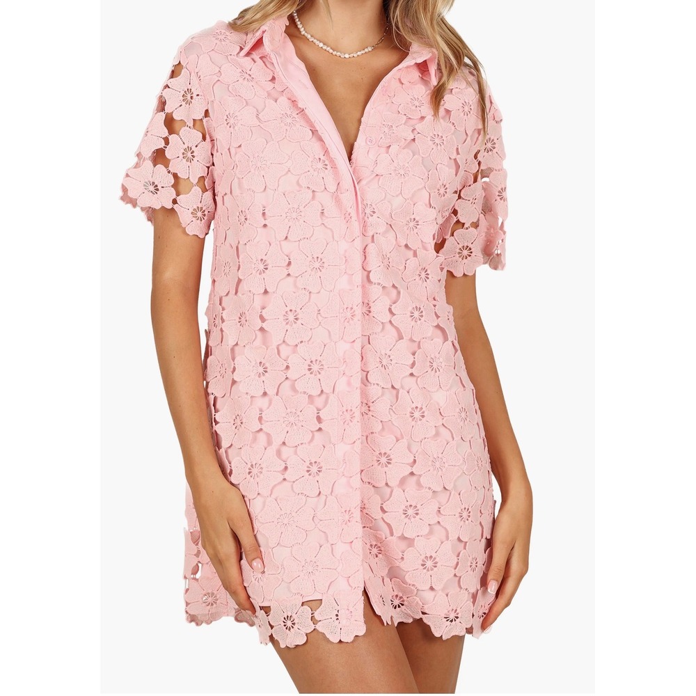 Petal + Pup Floral Lace Mini Shirt Dress Pink Summer Womens Size 2 Pink